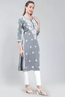 Grey embroidered rayon chikankari-kurtis