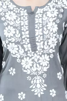 Grey embroidered rayon chikankari-kurtis