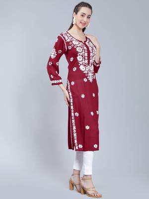 Maroon embroidered rayon chikankari-kurtis 3
