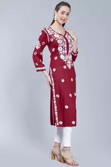 Maroon embroidered rayon chikankari-kurtis