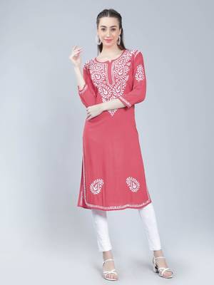 Pink embroidered rayon chikankari-kurtis 2