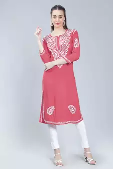 Pink embroidered rayon chikankari-kurtis