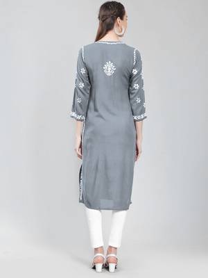 Grey embroidered rayon chikankari-kurtis 5