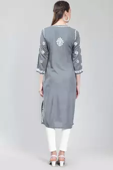 Grey embroidered rayon chikankari-kurtis