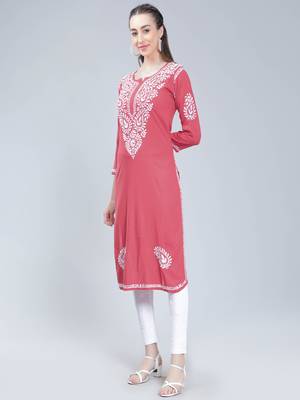Pink embroidered rayon chikankari-kurtis 3