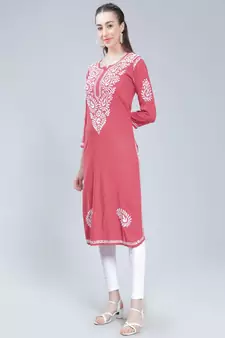 Pink embroidered rayon chikankari-kurtis