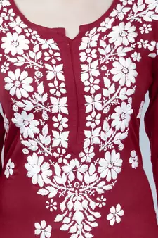 Maroon embroidered rayon chikankari-kurtis
