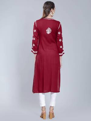 Maroon embroidered rayon chikankari-kurtis 5