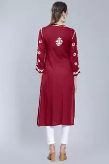 Maroon embroidered rayon chikankari-kurtis