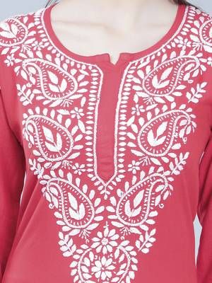 Pink embroidered rayon chikankari-kurtis 4