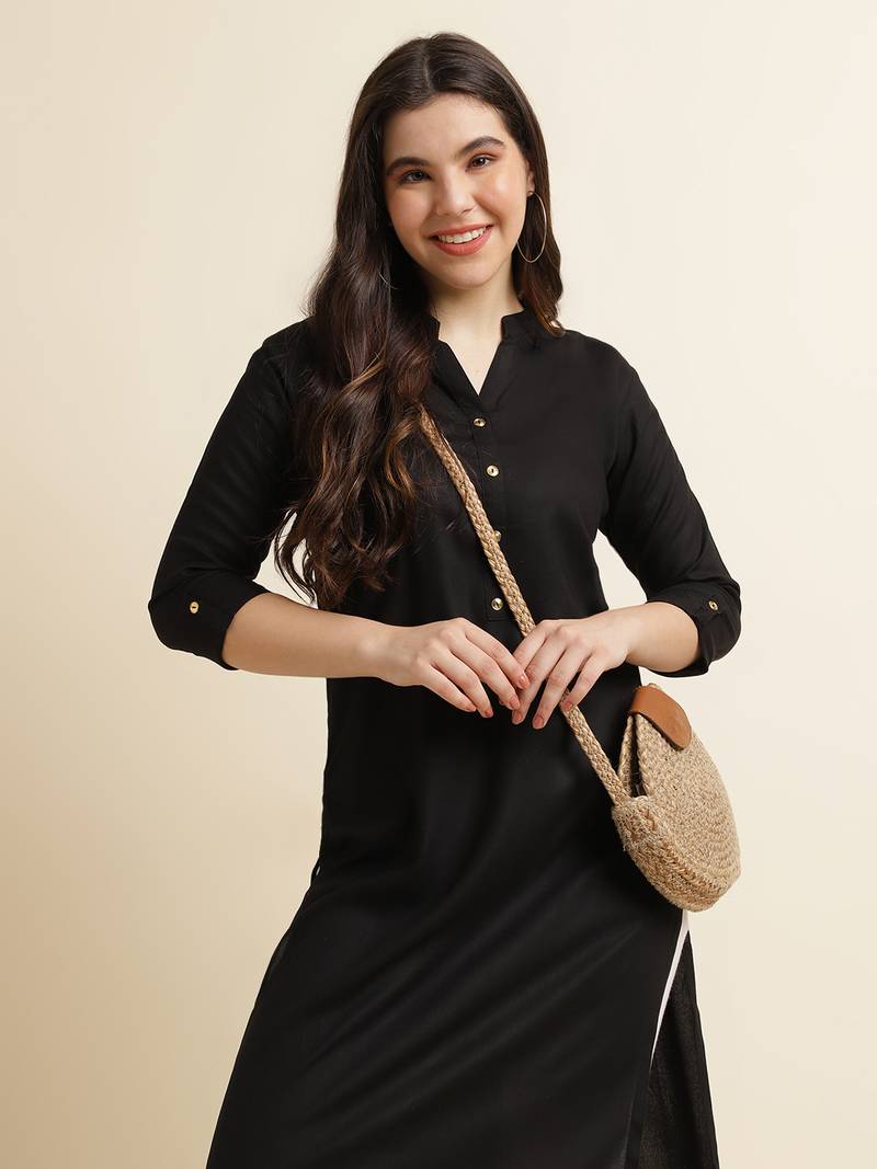 Black plain rayon kurtas-and-kurtis