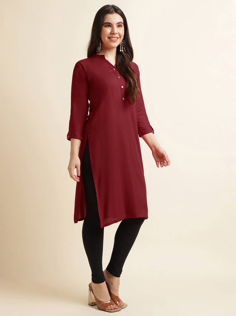 Maroon plain rayon kurtas-and-kurtis