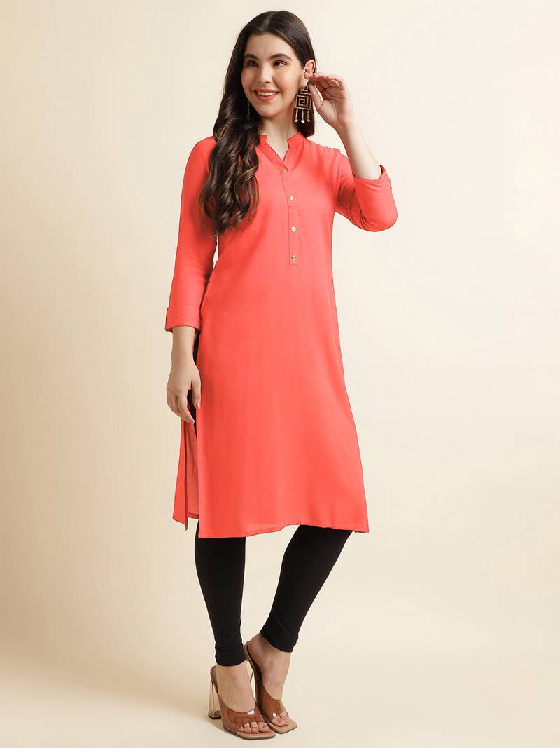 Peach plain rayon kurtas-and-kurtis
