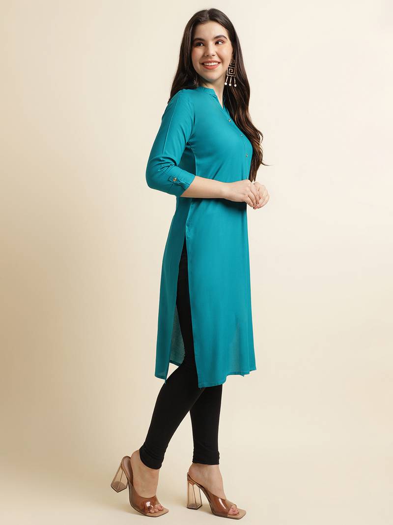 Turquoise plain rayon kurtas-and-kurtis