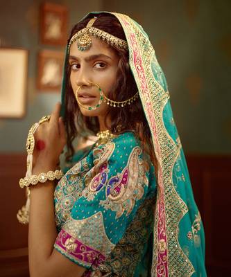Blue Handembellished Organza Lehenga Set 3