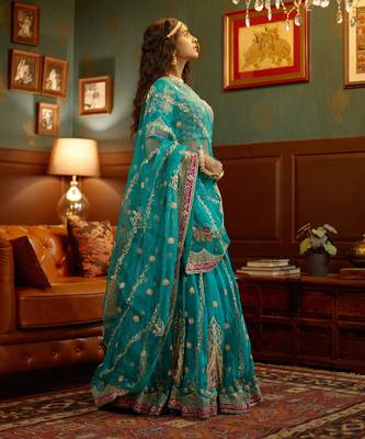 Blue Handembellished Organza Lehenga Set 5