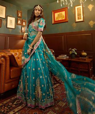 Blue Handembellished Organza Lehenga Set 6