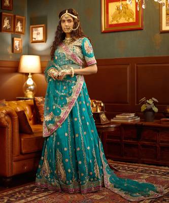 Blue Handembellished Organza Lehenga Set 1