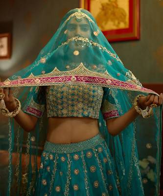 Blue Handembellished Organza Lehenga Set 7