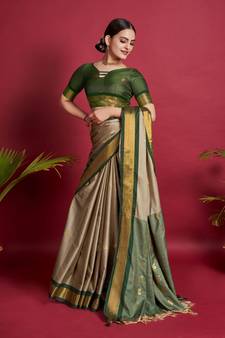 Beige woven silk blend saree with blouse