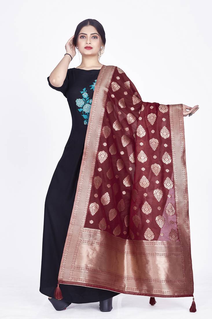 Maroon Colour Ethnic Wevon Chanderi Dupatta For Traditioanl Looks