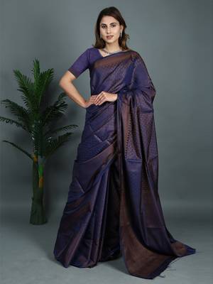 Navy blue woven silk saree with blouse 1