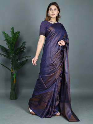 Navy blue woven silk saree with blouse 2