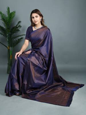 Navy blue woven silk saree with blouse 5