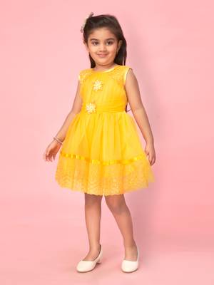 Yellow plain net kids-frocks 3