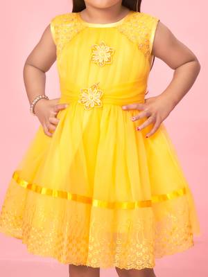 Yellow plain net kids-frocks 5