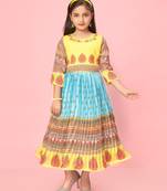 Turquoise printed silk kids-girl-gowns