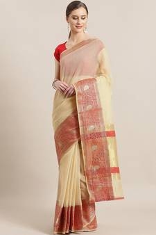 Floral And Paisely Pattern Cotton Beige Saree With Unstitched Blouse Piece