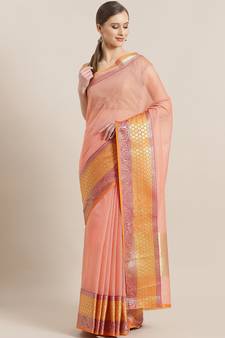 Geometric Pattern Cotton Pink Saree With Unstitched Blouse Piece