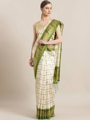 Kalista Women's Animal Printed Mysore Silk White And Green Saree With Unstitched Blouse Piece(115-ALIRA) 1