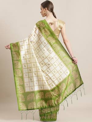 Kalista Women's Animal Printed Mysore Silk White And Green Saree With Unstitched Blouse Piece(115-ALIRA) 2