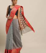 Geometric Pattern Cotton Grey Saree With Unstitched Blouse Piece