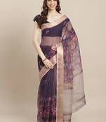Floral Pattern Cotton Black Saree With Unstitched Blouse Piece