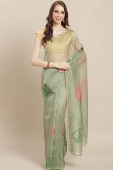 Floral Pattern Organza Green Saree With Unstitched Blouse Piece