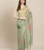 Floral Pattern Organza Green Saree With Unstitched Blouse Piece