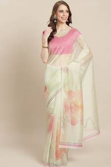 Floral Pattern Organza White Saree With Unstitched Blouse Piece