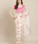 Floral Pattern Organza White Saree With Unstitched Blouse Piece