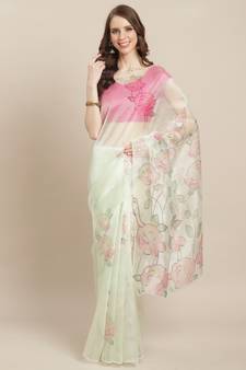 Floral Pattern Organza White Saree With Unstitched Blouse Piece