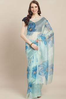 Floral Pattern Organza Blue Saree With Unstitched Blouse Piece