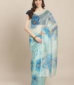 Floral Pattern Organza Blue Saree With Unstitched Blouse Piece