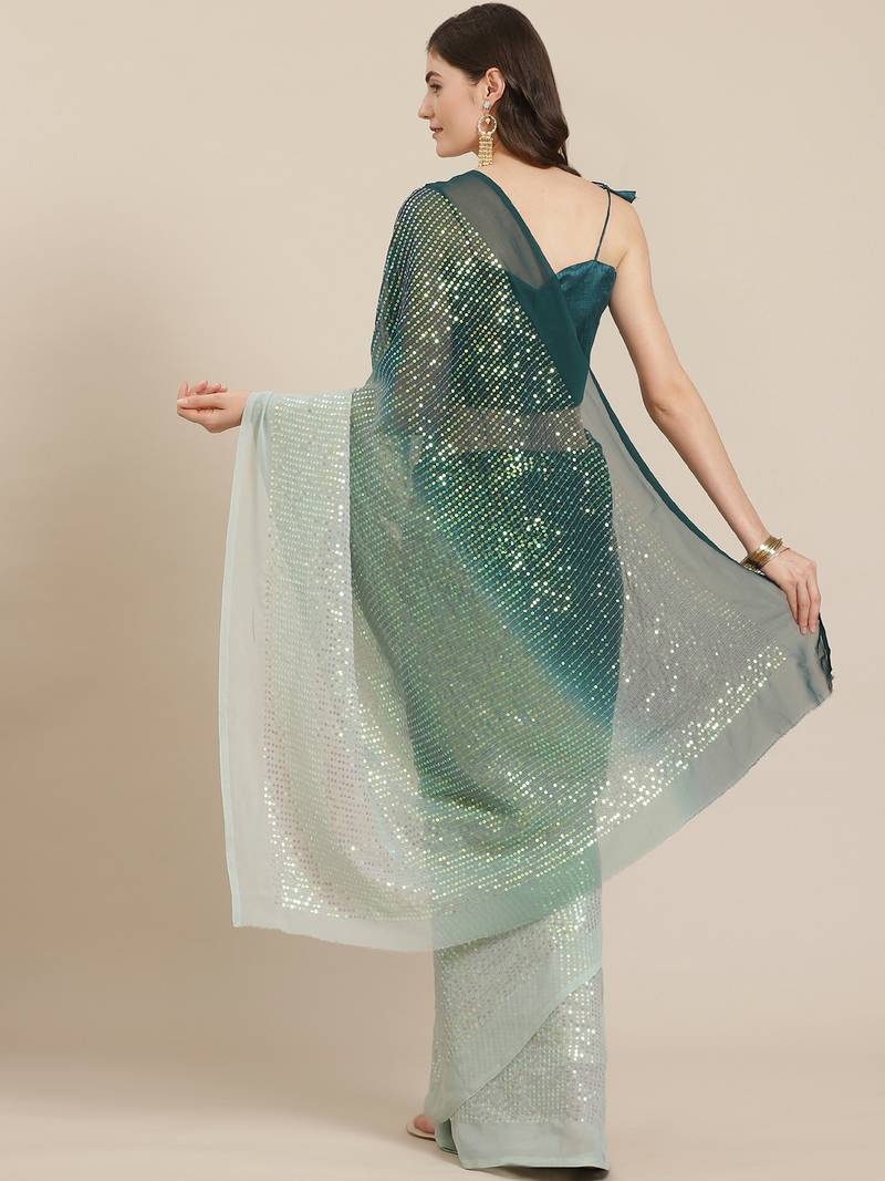 Sequin Work Georgette Dark Grey Saree With Unstitched Blouse Piece