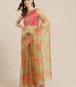 Floral Pattern Organza Mehendi Green Saree With Unstitched Blouse Piece