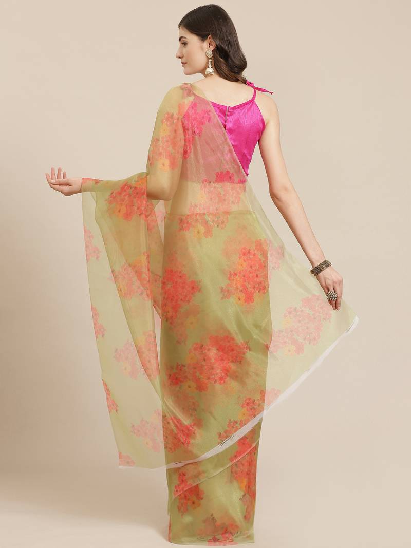 Floral Pattern Organza Mehendi Green Saree With Unstitched Blouse Piece