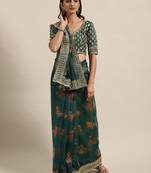 Geometric Pattern Organza Dark  Green Saree With Unstitched Blouse Piece