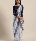Floral Printed Georgette White Saree With Unstitched Blouse Piece