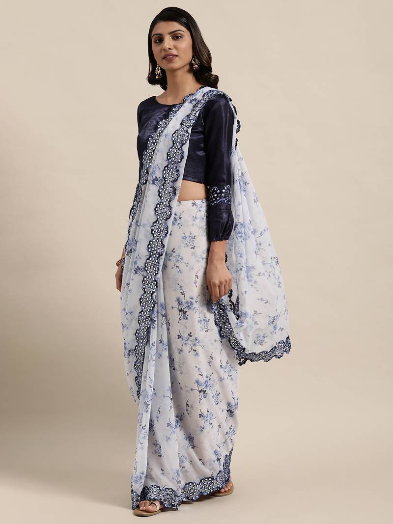 Floral Printed Georgette White Saree With Unstitched Blouse Piece